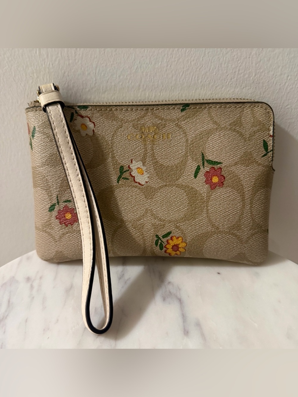 Coach Beige Signature Floral Wristlet with Removable Strap